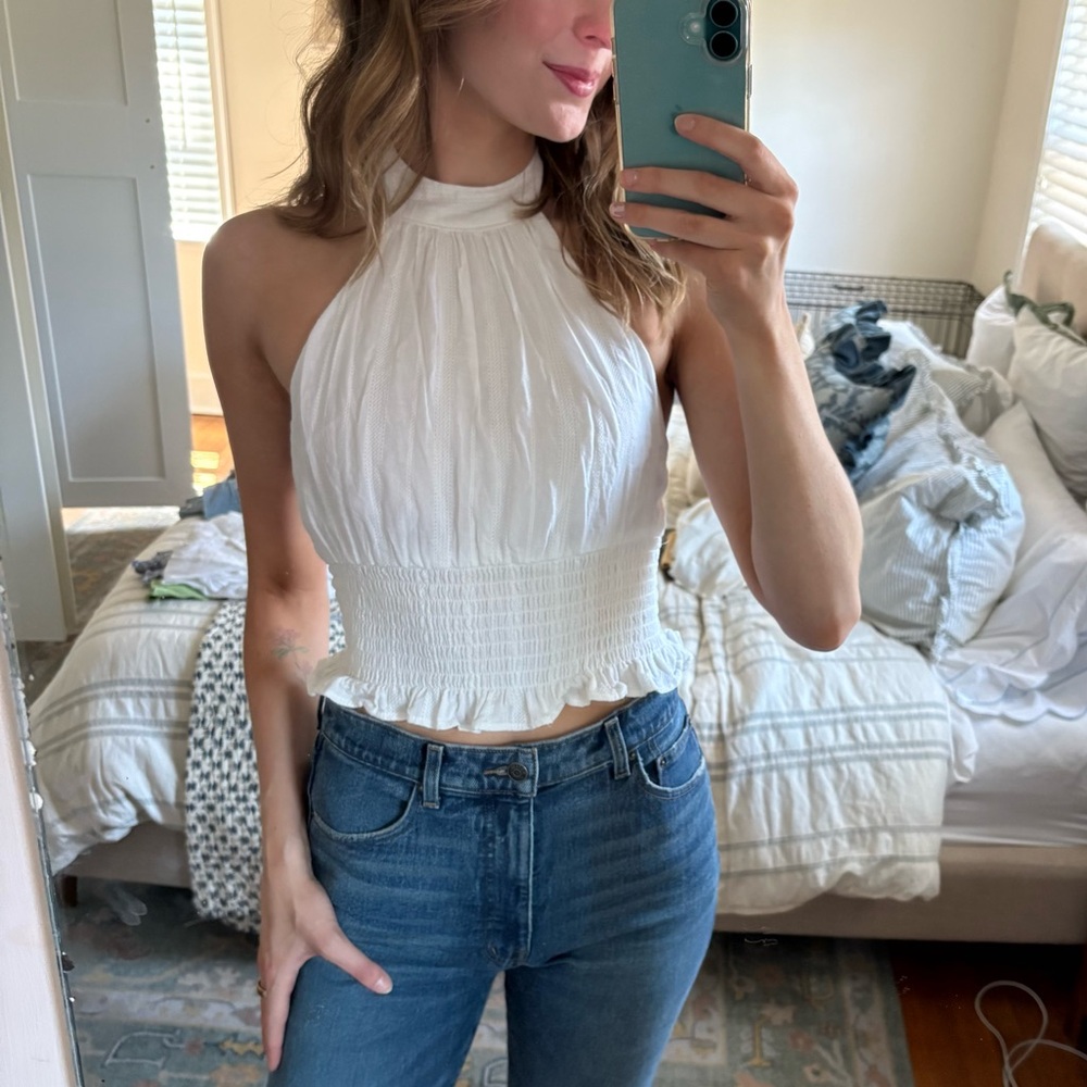 Abercrombie White Smocked Halter Crop Top in White